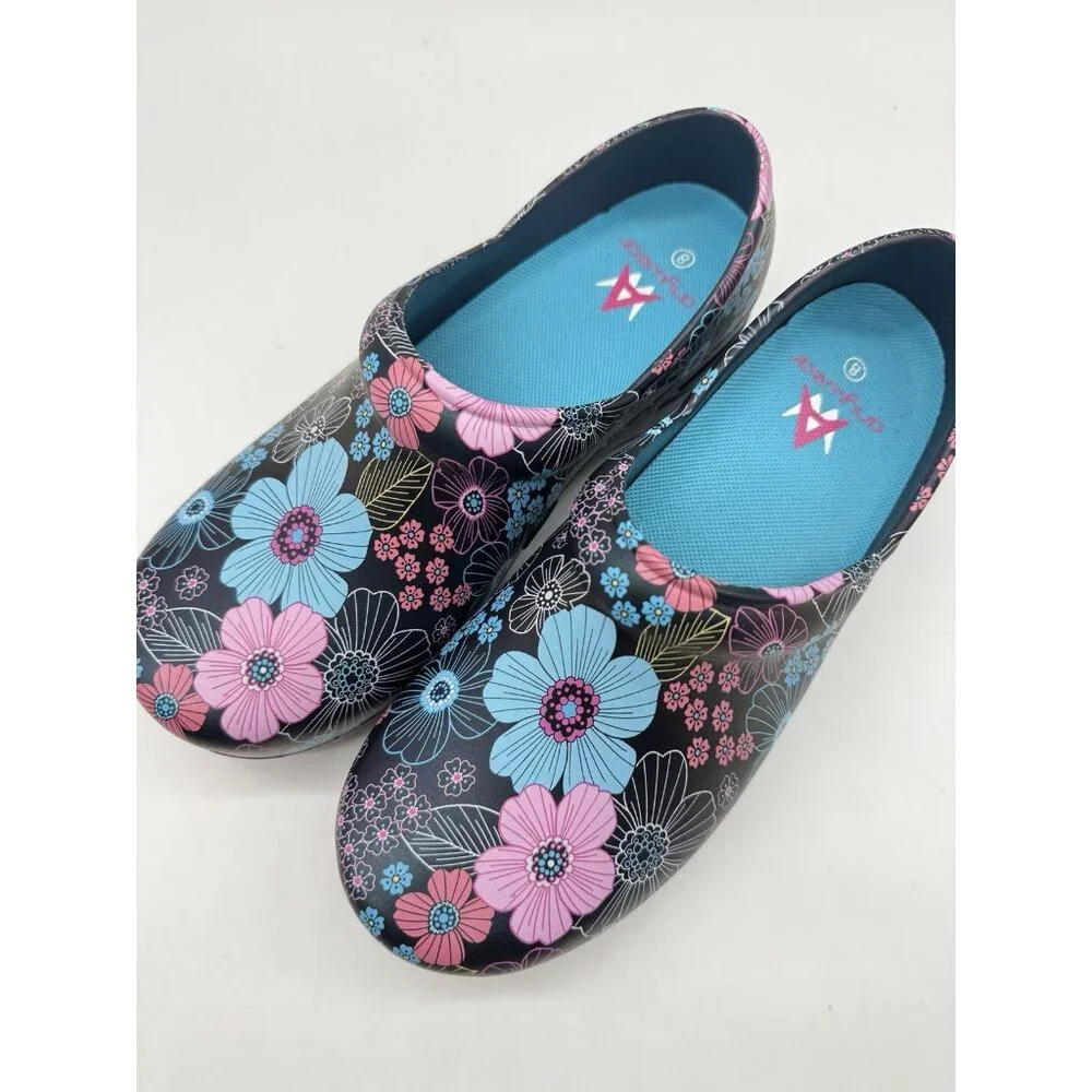 Black Floral Slip-On Clogs in Pink & Turquoise - Picture 12 of 15